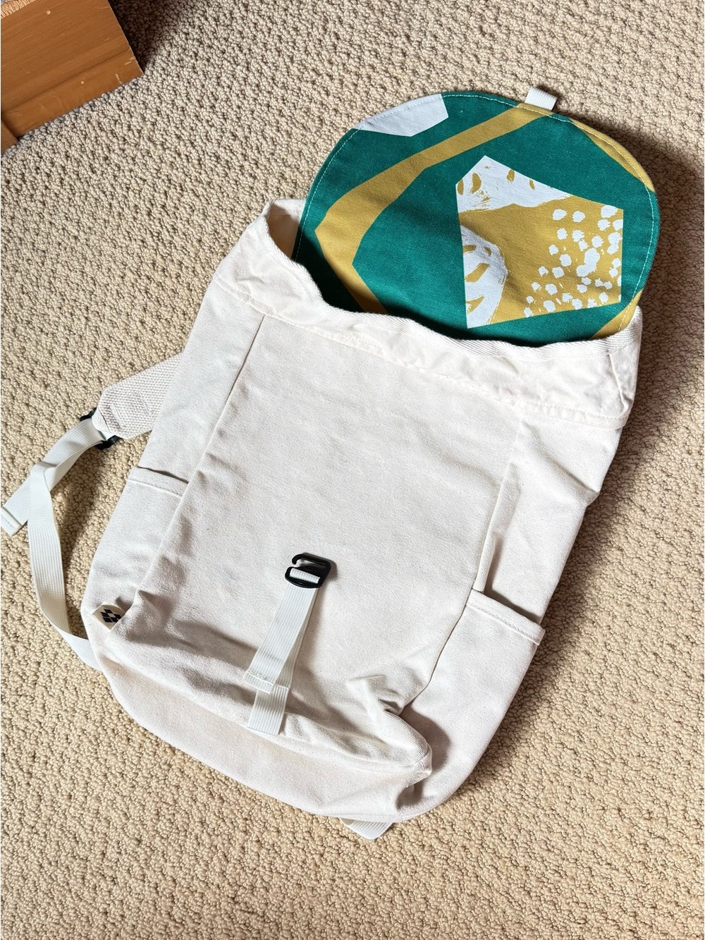 Joshu + Vela Canvas Backpack in Cream with Green graphic accents